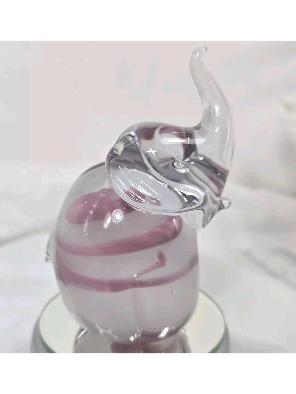 Vtg Art Glass Elephant Trunk UpFigurine Paperweight Clear & Pink Swirl 4x2"